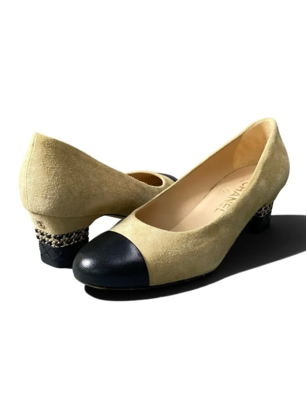 Chanel Quilted Chain Trim Pumps Beige Black Suede Heel